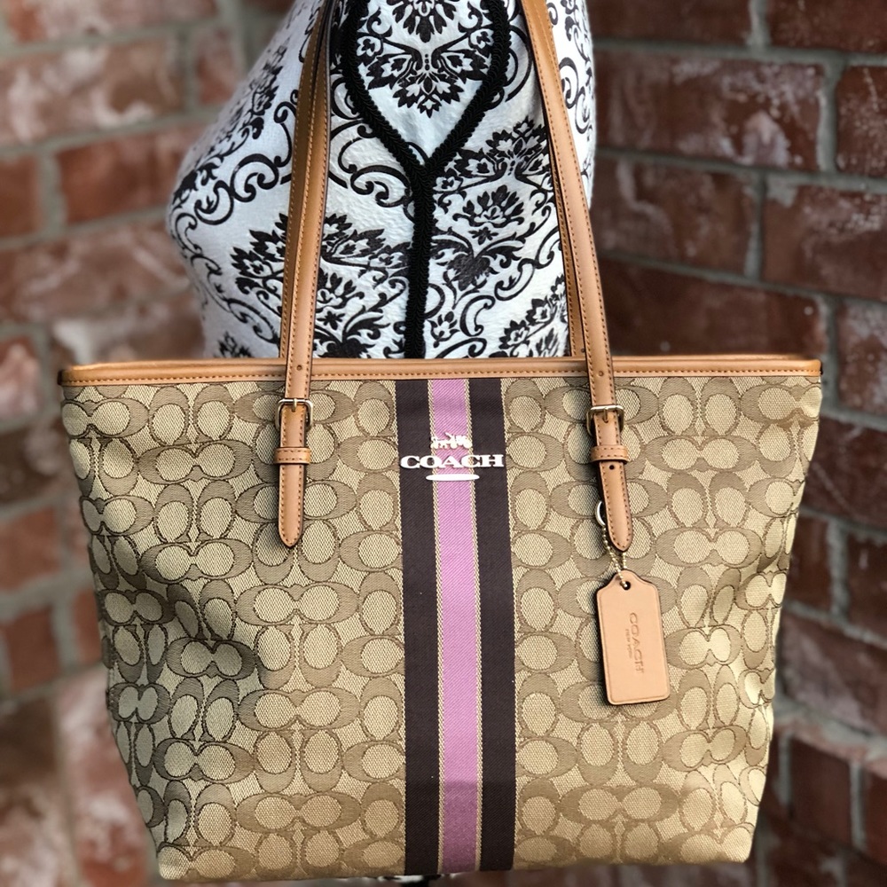 Coach center stripe signature tote bag dark khaki - Picture 1 of 8